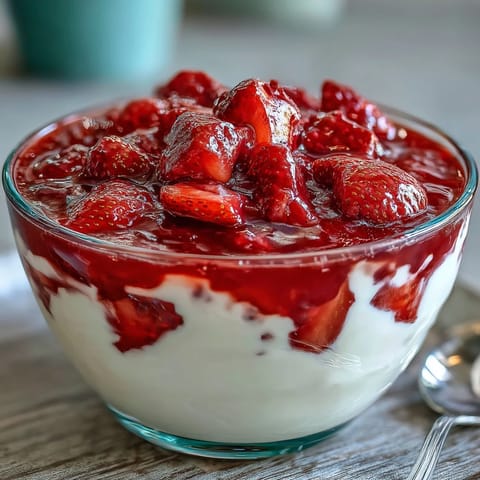 Strawberry compote drizzled over creamy Greek yogurt, garnished with fresh mint and a touch of honey.