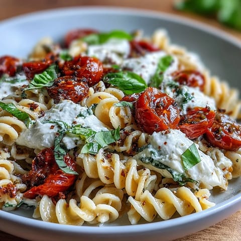 Creamy Caprese pasta with burrata, bursting cherry tomatoes, and fresh basil in a light garlic sauce.  