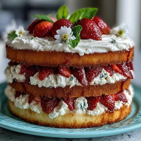Naked Spring Cake with Strawberries and Cream: Elegant layers of tender sponge, fresh strawberries, and luscious whipped cream, perfect for spring celebrations.