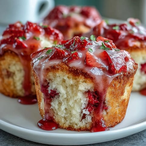 Strawberry lemon muffins with glaze, moist and fluffy, packed with fresh berries and zesty lemon, topped with a sweet-tart drizzle.
