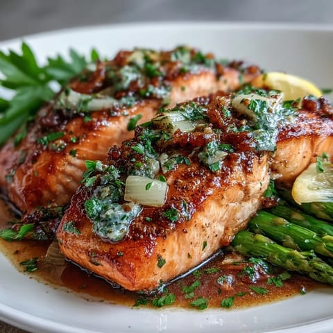 Pan-seared salmon fillets with crisp asparagus, drizzled in fragrant garlic butter sauce for a healthy and satisfying dinner.