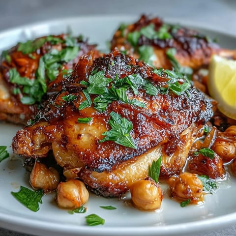Harissa Chicken Traybake with colorful vegetables and chickpeas on a sheet pan, ready for a spicy, easy dinner.