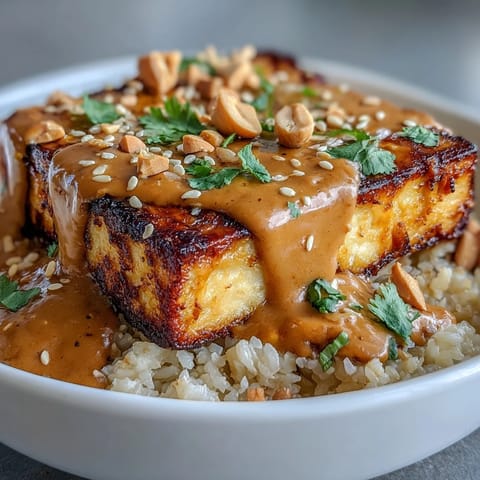 Golden, oven-baked tofu cubes over nutty brown rice with fresh vegetables and a creamy peanut sauce drizzle.