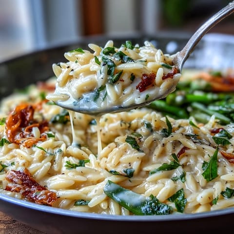 Creamy spring orzo primavera with asparagus, peas, and parmesan in a vibrant skillet meal.