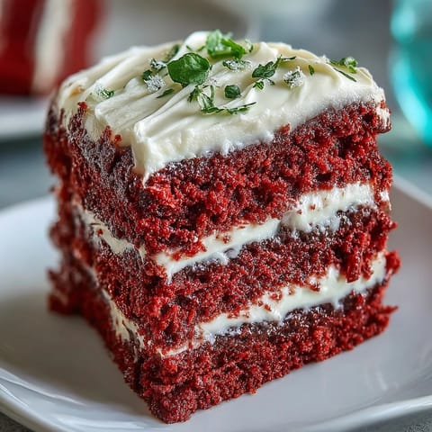Our Juneteenth Red Velvet Cake glistening with generous, decadent cream cheese frosting swirls.