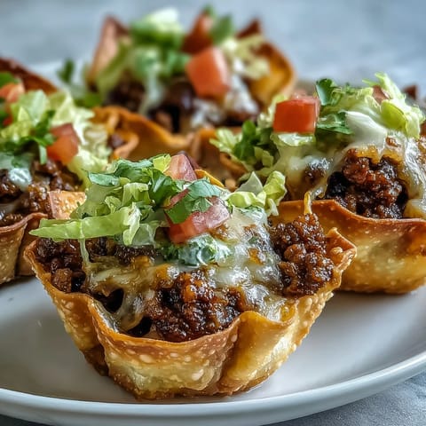 Golden mini taco cups in crisp wonton wrappers, topped with melted cheese.