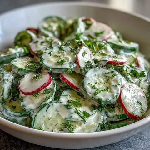 Fresh Polish dill salad with thinly sliced radishes and red onion, gently tossed.