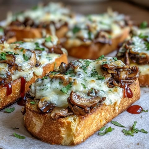 Crispy baguette loaded with mushrooms, cheese for an Easy Polish Zapiekanka.