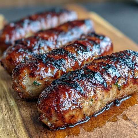 Golden brown homemade grilled kielbasa, juicy and smoky, ready for a summer BBQ.