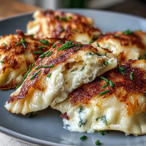 Golden-brown potato and cheese pierogi topped with caramelized onions and sour cream.