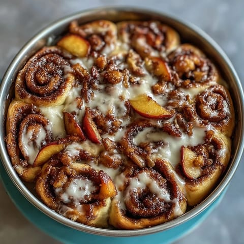 Melted butter and brown sugar glaze coats Peach Cobbler Cinnamon Roll Casserole.