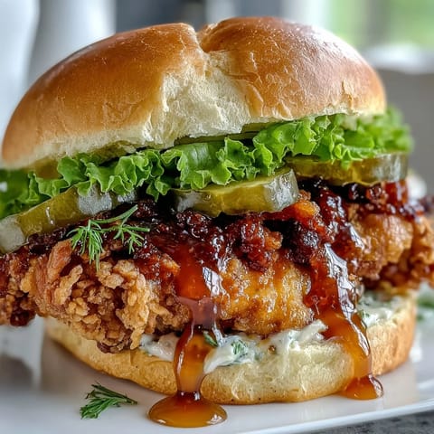 Crispy Hot Honey Chicken Sandwich with a glossy, spicy glaze and pickles.