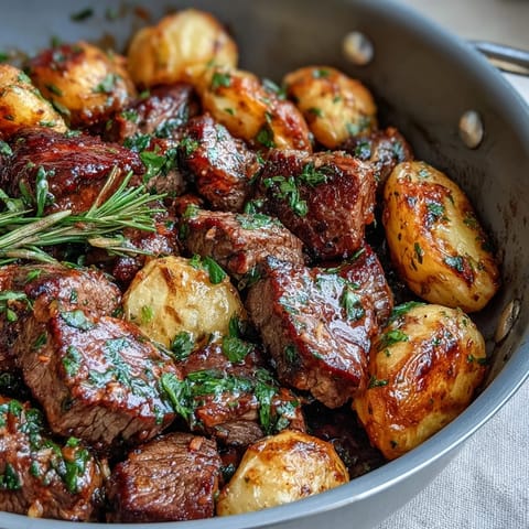 Golden Garlic Butter Steak Bites and Potatoes glistening with fresh parsley.