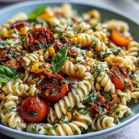 Vibrant Summer Corn and Tomato Pasta Salad bursting with freshness for your picnic.