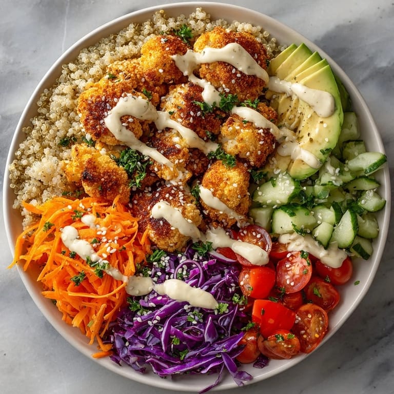 Imagine a delicious, plant-based Buffalo Cauliflower Grain Bowl, complete with sesame seeds and a tahini dressing.