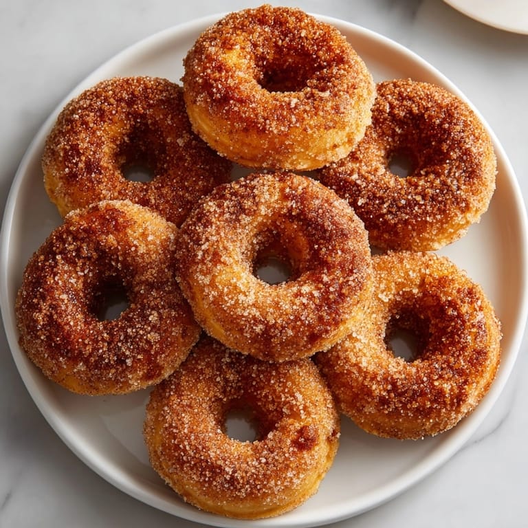 A close-up of sugared Apple Cider Donuts highlights their moist texture and the rich, spicy flavors.