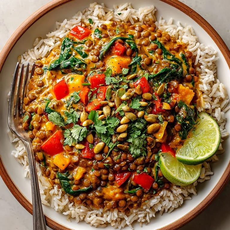 Golden pumpkin curry sauce coats lentils in these easy-to-pack Pumpkin Curry Lentil meal prep containers.
