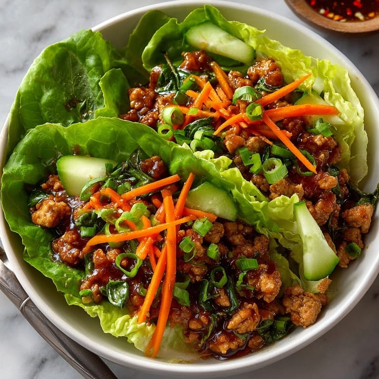 Savory Thai Basil Chicken Lettuce Wrap Bowls with green onions and a delicious sauce, ready to eat.