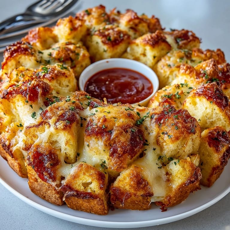 Close-up shot of a delicious Pizza Monkey Bread, a family-favorite appetizer, golden brown and savory.