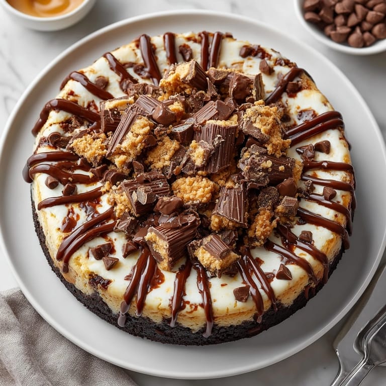 Rich Peanut Butter Cup Cheesecake with a swirled peanut butter filling and crunchy candy pieces.