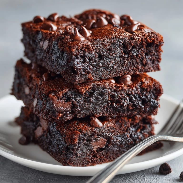 Moist chocolate avocado brownies sliced in squares, topped with melted dark chocolate chips.