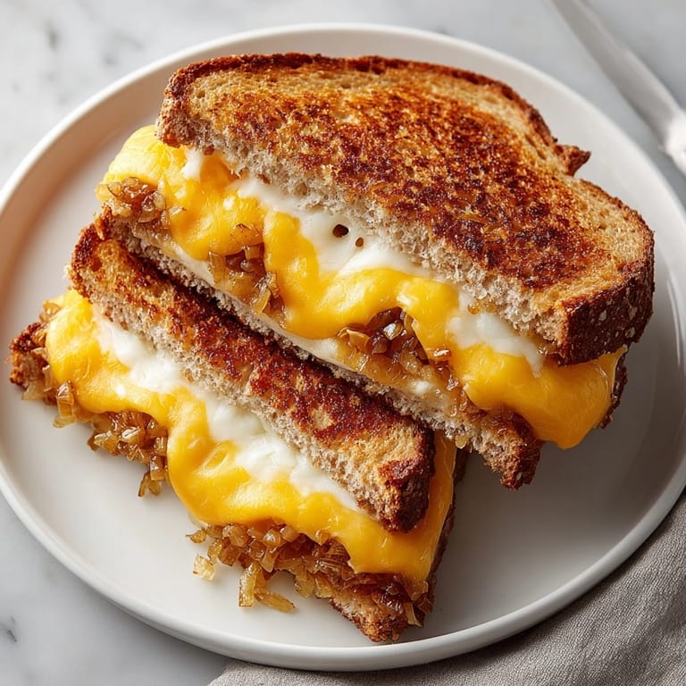 Hot grilled cheese with caramelized onions, buttery crisp bread, and stretchy cheddar served fresh.