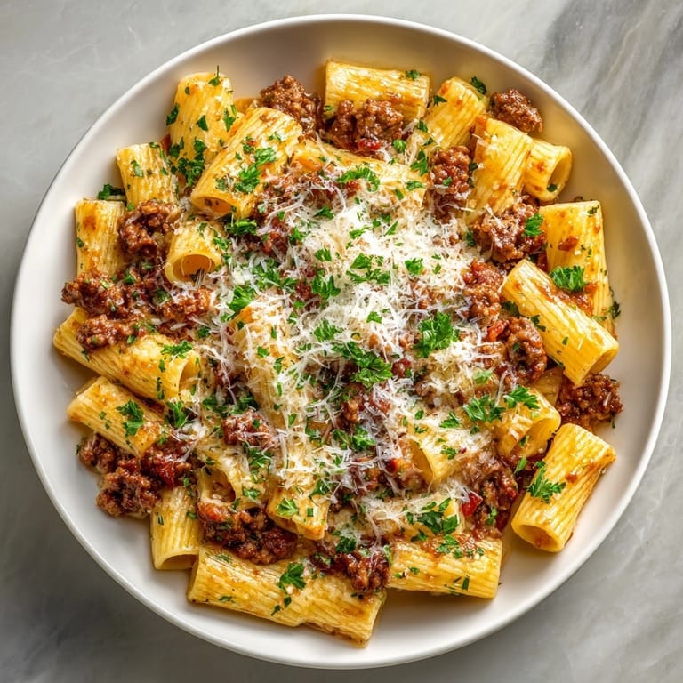 Close-up of Cheesy Ground Turkey Pasta, hearty and rich, perfect for a comforting weeknight dinner.