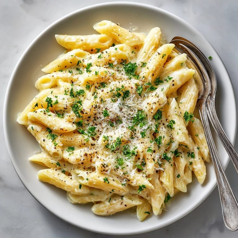 Steaming creamy garlic penne pasta garnished with chopped herbs, inviting comfort and indulgence.