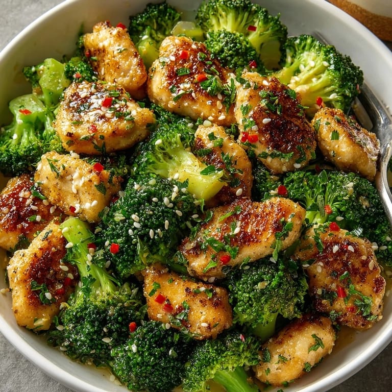 Juicy pieces of Garlic Butter Chicken &amp; Broccoli glistening in a rich, savory garlic sauce, ready for plating.
