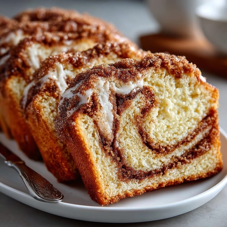 Warm cinnamon donut bread displaying a swirled interior and buttery cinnamon sugar topping