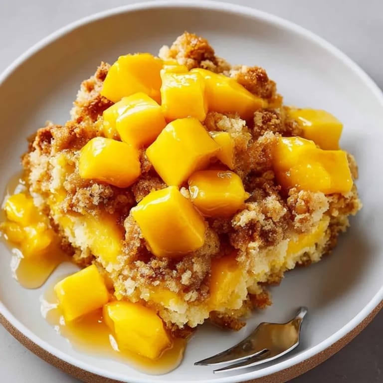 Homemade Mango Dump Cake dessert served warm, topped with creamy vanilla ice cream for a sweet treat