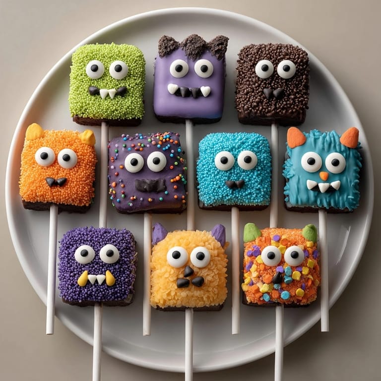Baked Monster Brownie Pops—close-up shot showcasing whimsical, textured candy and sprinkle decorations.