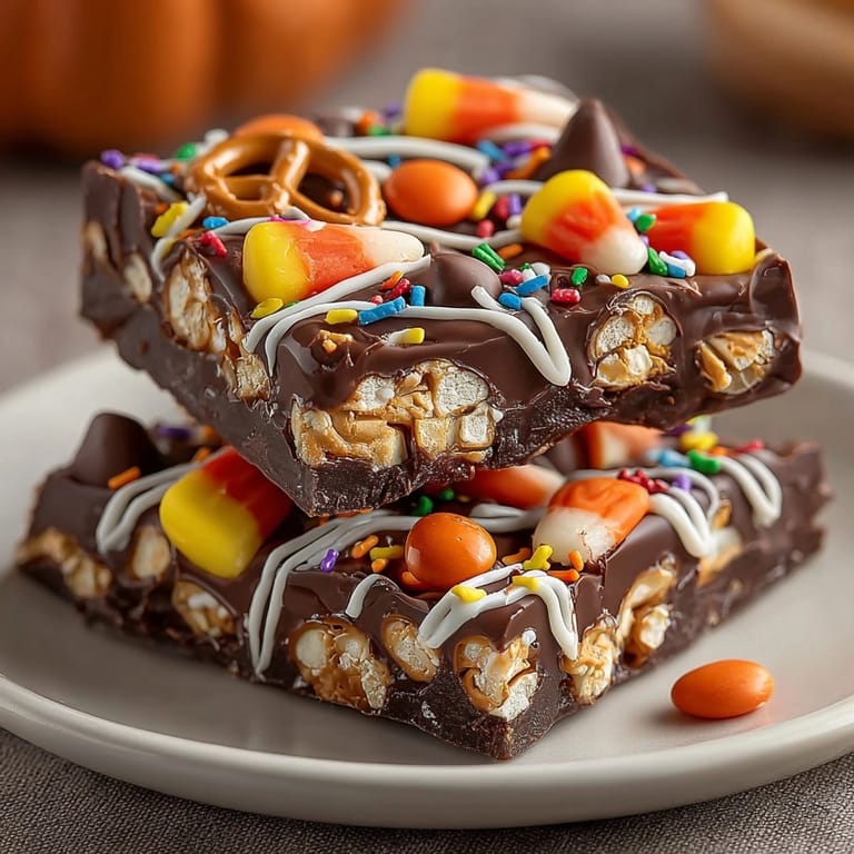 Close-up of festive Halloween Candy Bark, glistening with colorful candies on dark chocolate.