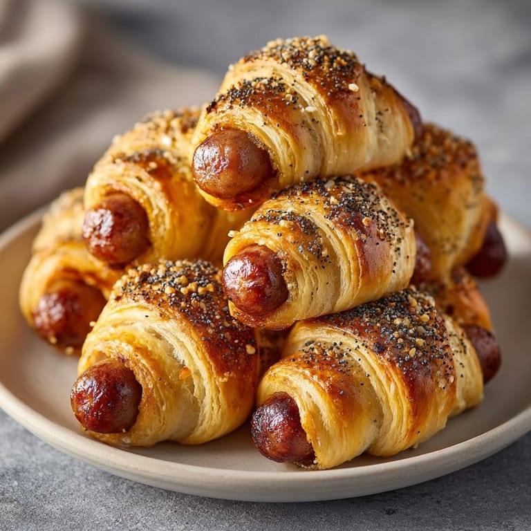 Close-up on delicious, bite-sized Everything Bagel Pigs in a Blanket with dipping sauce.