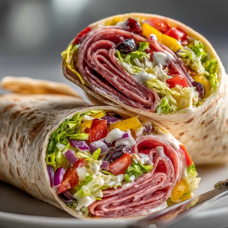 Freshly made Italian Grinder Salad Wrap sliced open, showcasing a medley of vibrant fillings.