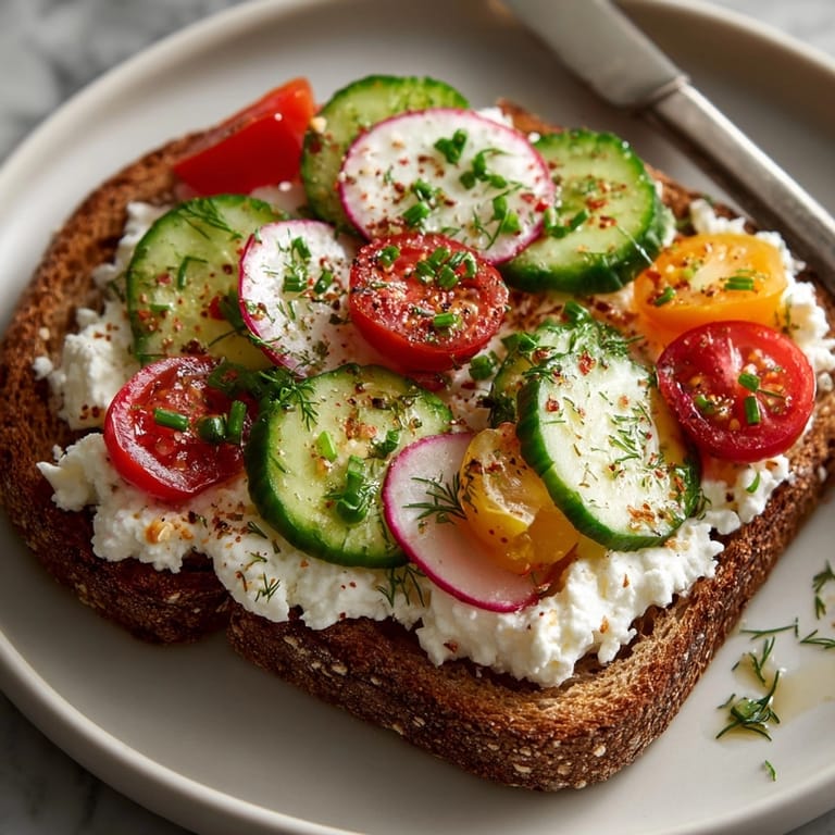 Easy cottage cheese toast recipe, a quick breakfast with sliced cucumbers and juicy tomatoes.