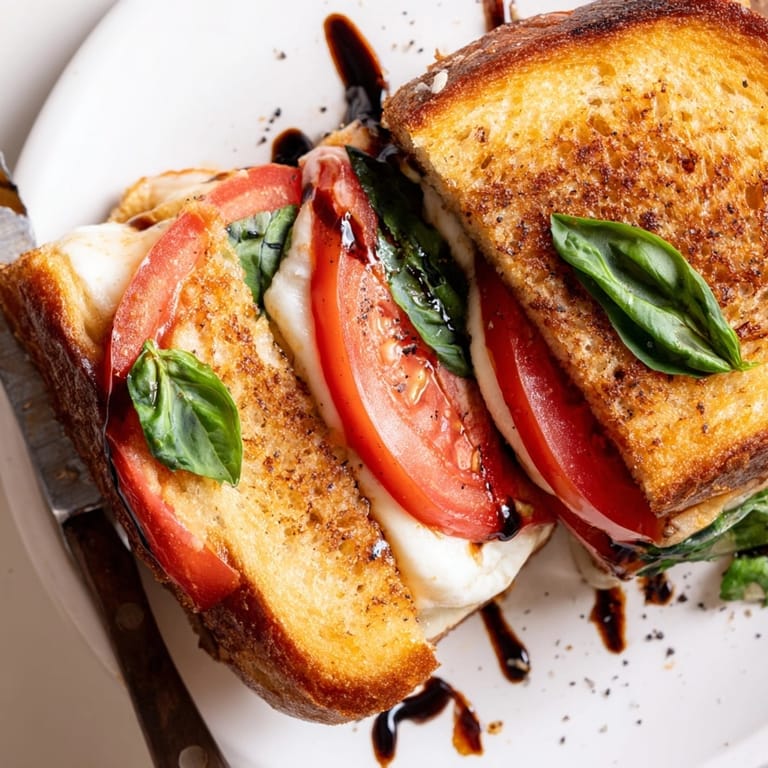 Warm, comforting Caprese Grilled Cheese sandwich, a balsamic-kissed Italian-American delight.
