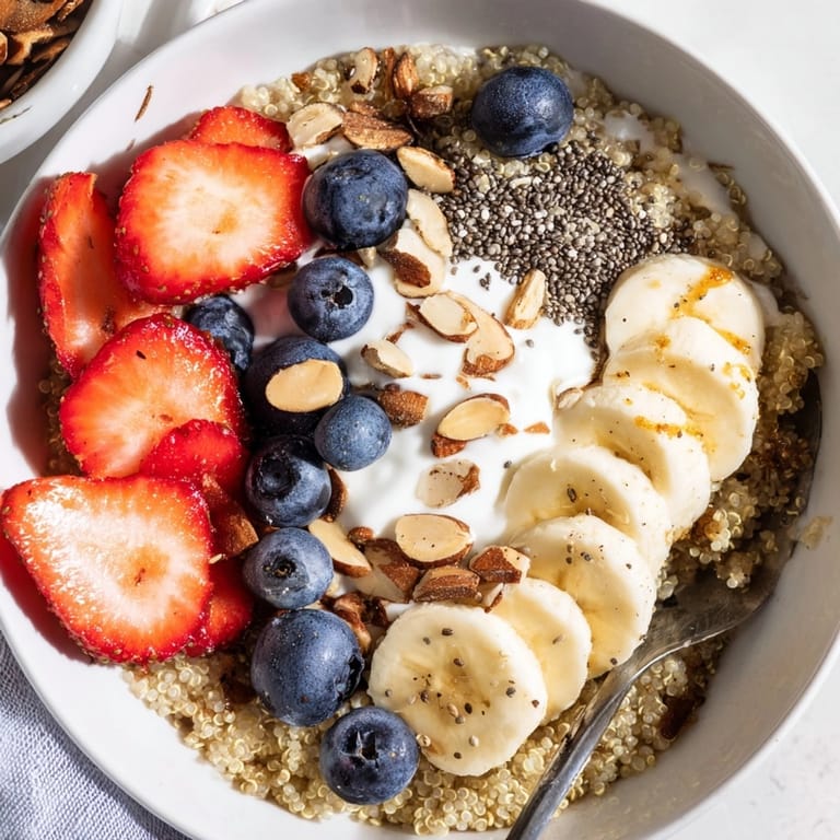 Overhead view of a vibrant Quinoa Breakfast Bowl, sprinkled with cinnamon and chia seeds.