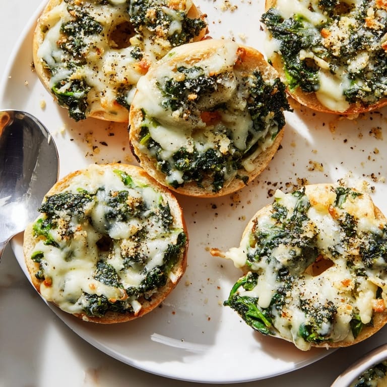 Warm, savory Alfredo Spinach Pizza Bagel Bites: mini pizzas with creamy sauce and melted mozzarella.