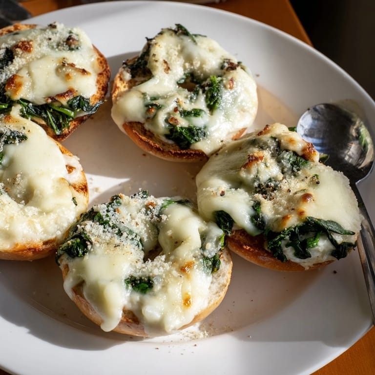 Homemade Alfredo Spinach Pizza Bagel Bites, a delicious snack with simple instructions for easy baking.