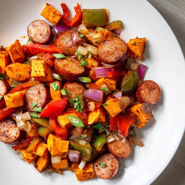 Hearty skillet of Cajun Sausage Sweet Potato Hash, perfect for a flavorful meal.