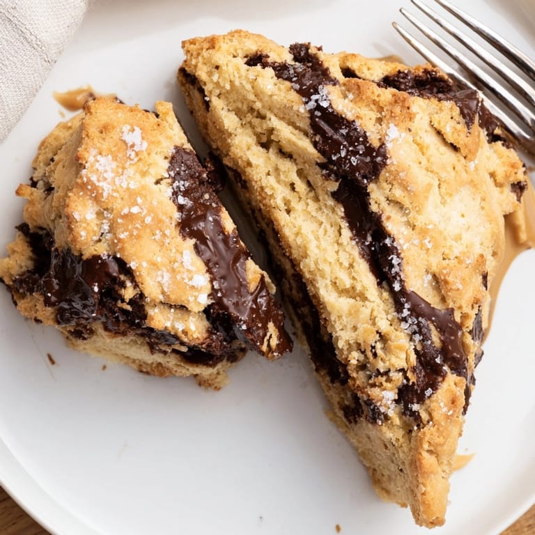 Freshly baked Peanut Butter Chocolate Swirl Scones, warm with melted peanut butter ribbons.