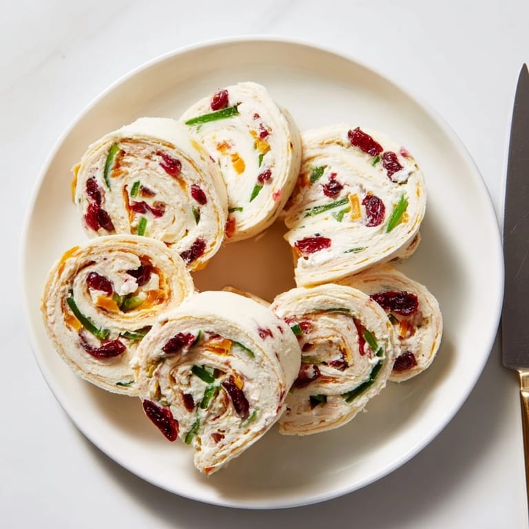 Colorful pinwheels featuring tangy cranberries and spicy jalapeños ready for dipping.