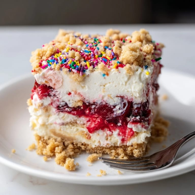 Creamy cheesecake layer nestled between a crunchy crust and cherry pie filling bars.
