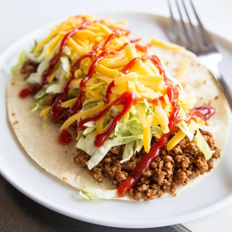 Colorful Simpler Cheeseburger Tacos on a plate, topped with vibrant lettuce and ketchup.  