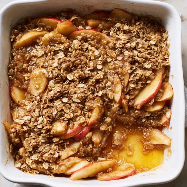 Freshly baked Express Apple Cinnamon Crisp, a perfect fall dessert with tender apples.  