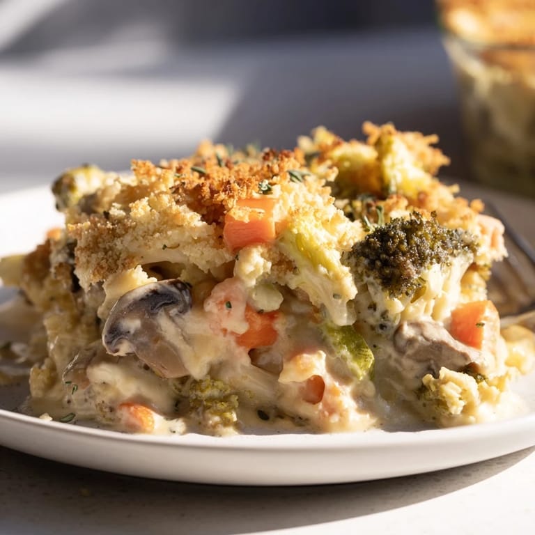 Warm and comforting creamy winter vegetable casserole, ideal for family dinners or gatherings.