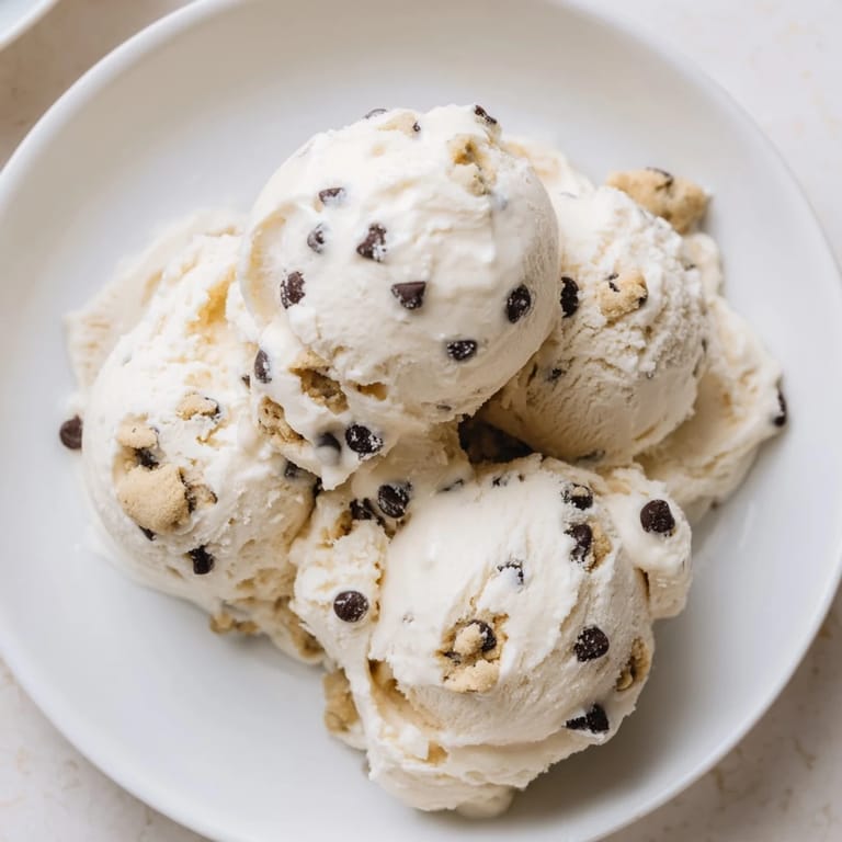 Delightful Cottage Cheese Ice Cream topped with edible cookie dough and chocolate chips.  