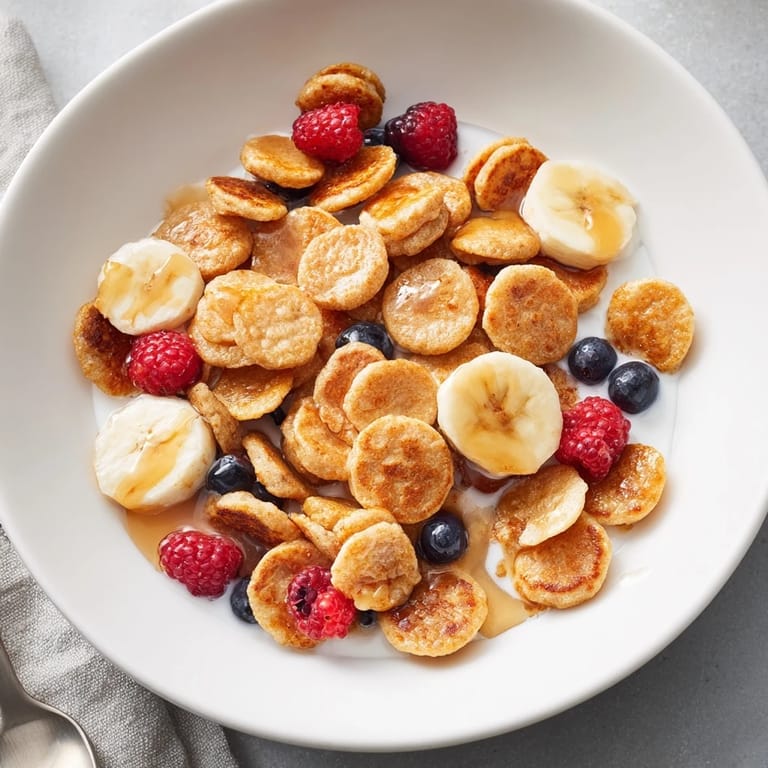 Bite-sized pancake cereal in a bowl, drizzled with maple syrup and milk.  
