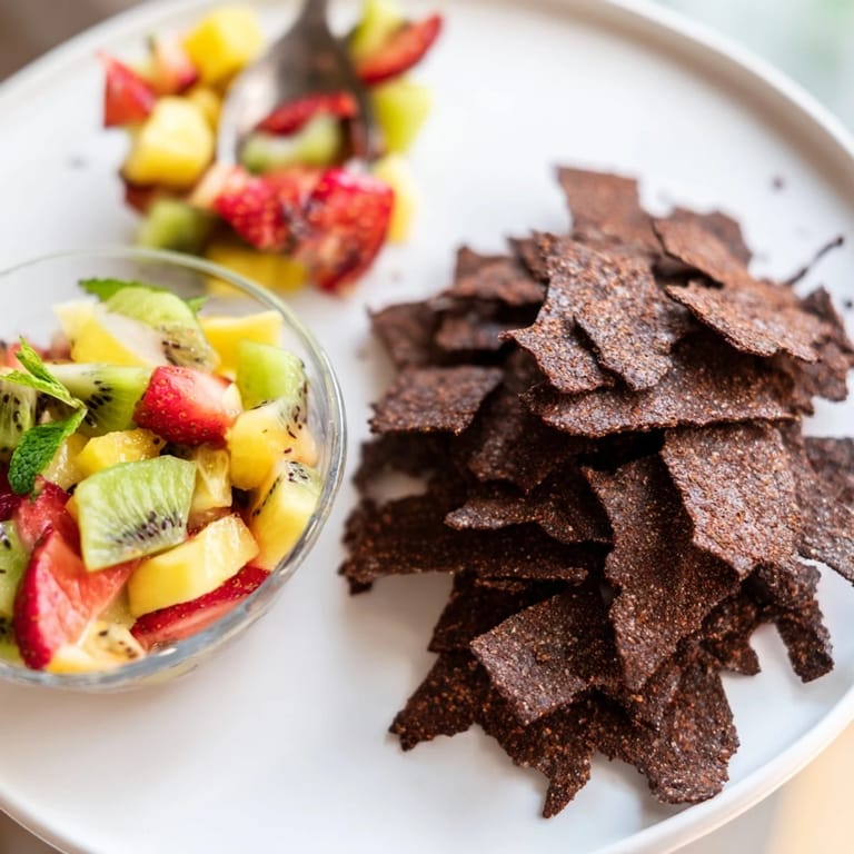 Delicious dessert chips and salsa featuring colorful fruits and sweet chocolate crunch.  